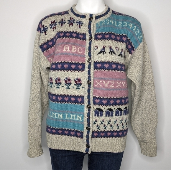 Vintage Woolrich tan blue pink school teacher wool blend button up cardigan M - Picture 1 of 8